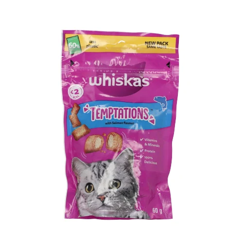ויסקס לחתולים טמפטיישן עם סלמון 60 גרם - WISKAS TEMPTATIONS SALMON 60G